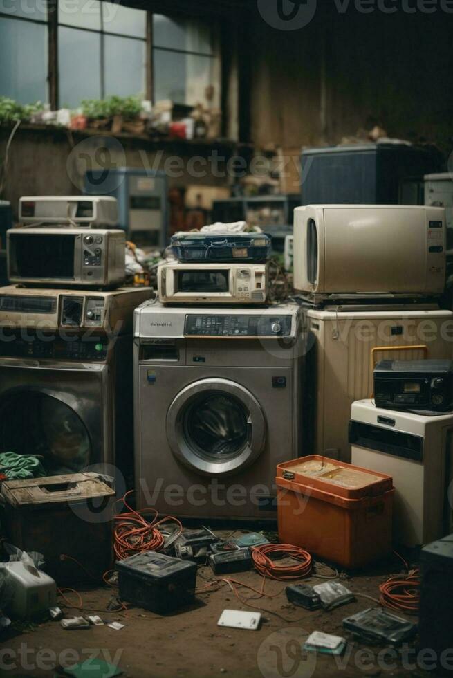 électronique déchets attendre pour disposition, réfrigérateur la lessive machine. ai génératif photo