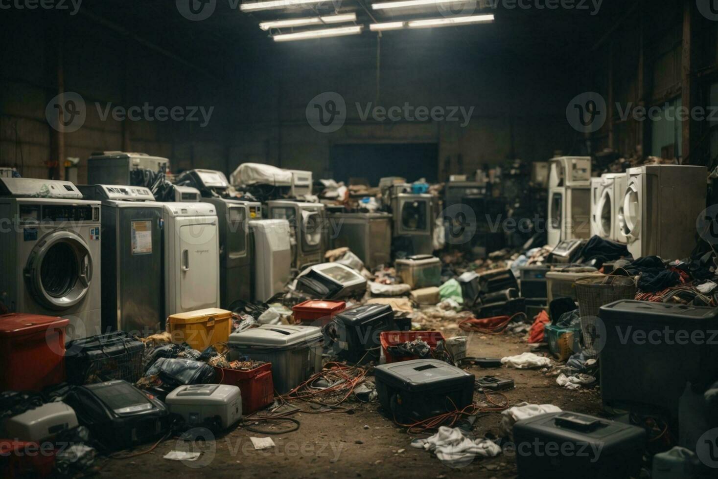 électronique déchets attendre pour disposition, réfrigérateur la lessive machine. ai génératif photo