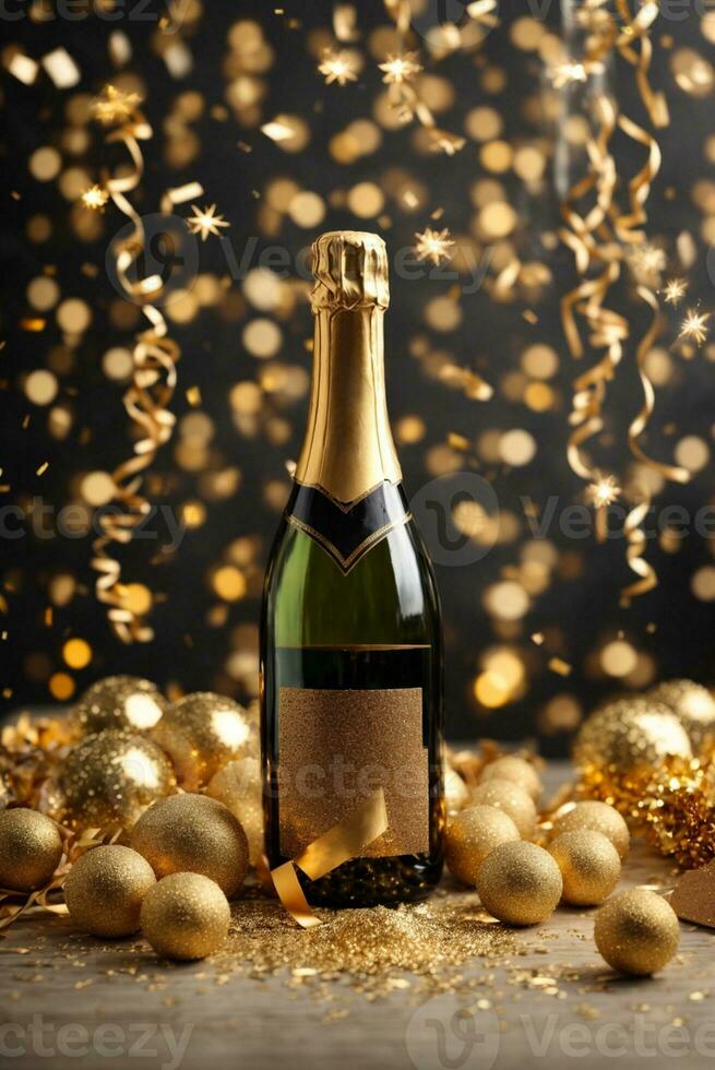 bouteille de Champagne avec d'or confettis sur bokeh arrière-plan, ai génératif photo