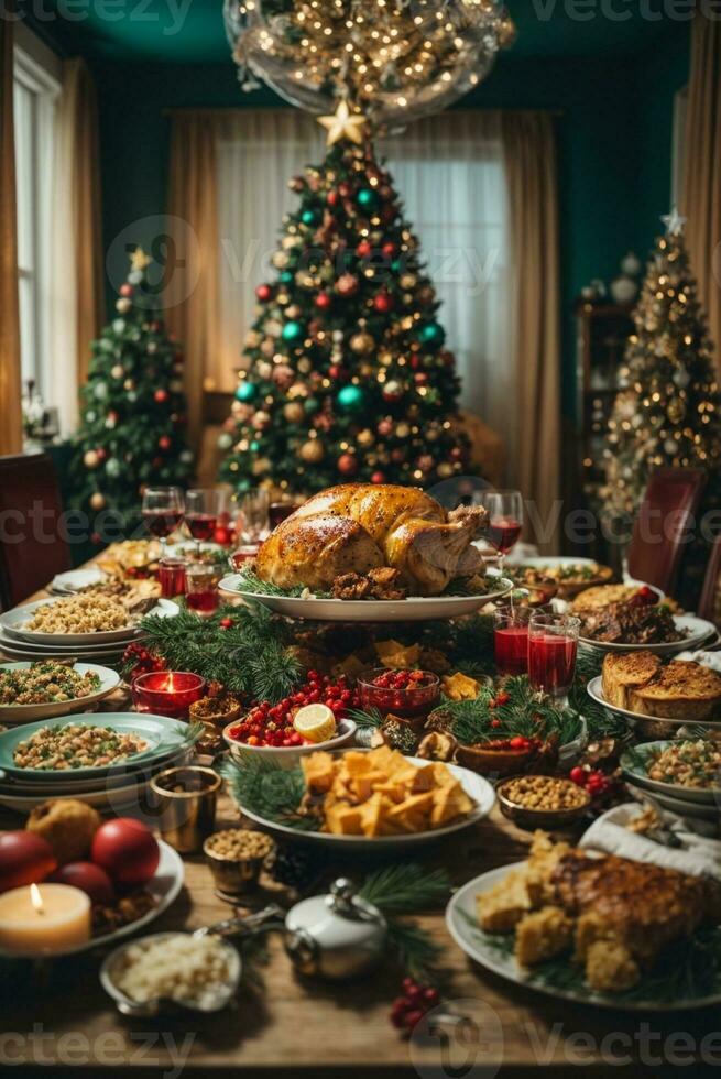 Noël rôti dinde avec canneberges et des oranges sur rustique en bois tableau, ai génératif photo