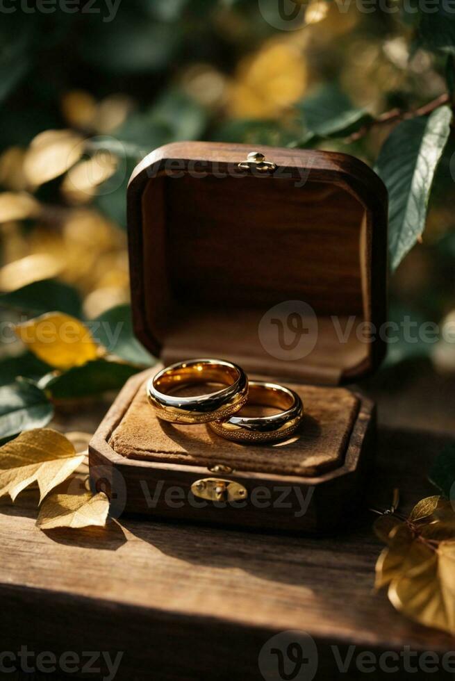 mariage anneaux dans en bois boîte sur rustique en bois tableau. ai génératif photo