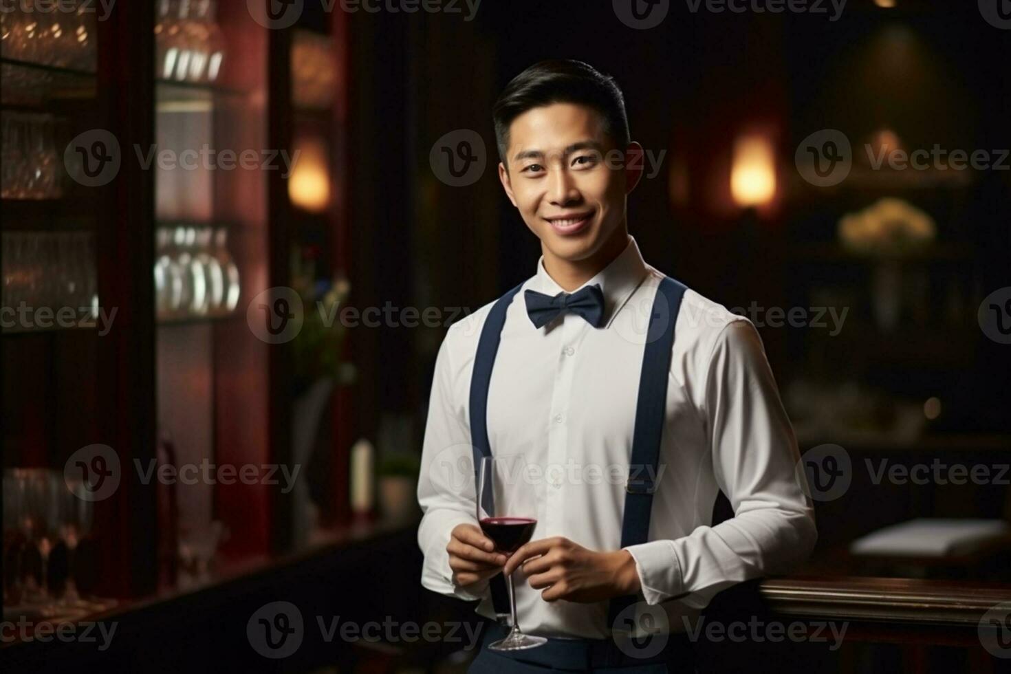 Beau serveur dans uniforme avec blanc serviette sert du vin à invités dans restaurant, ai génératif photo