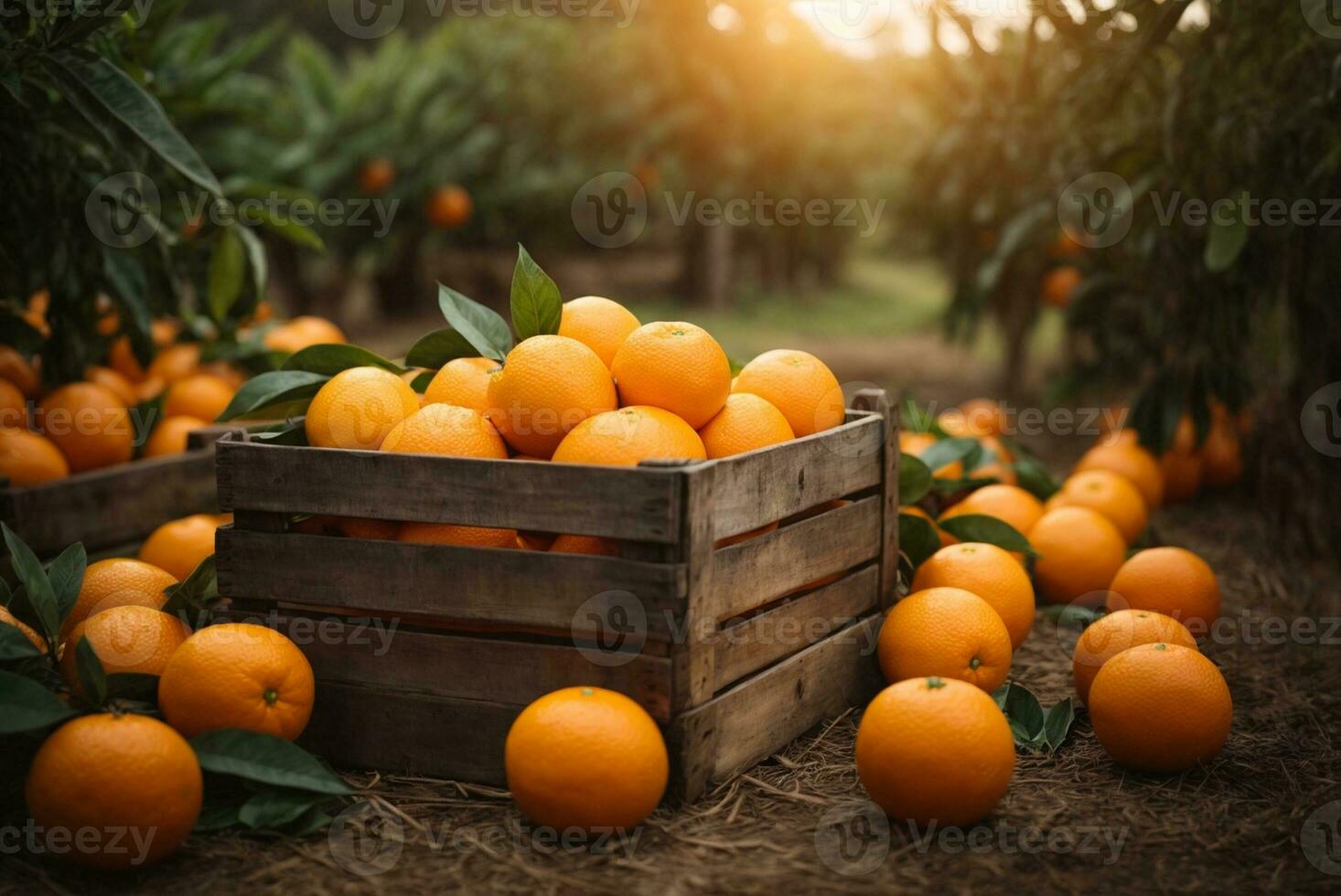 Frais des oranges dans une en bois Caisse avec une flou Contexte dans un Orange cultiver, ai génératif photo