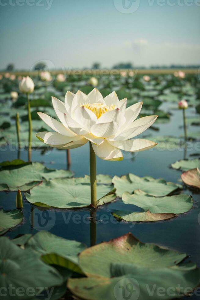 magnifique blanc lotus fleur épanouissement dans le étang avec lumière du soleil. ai génératif photo