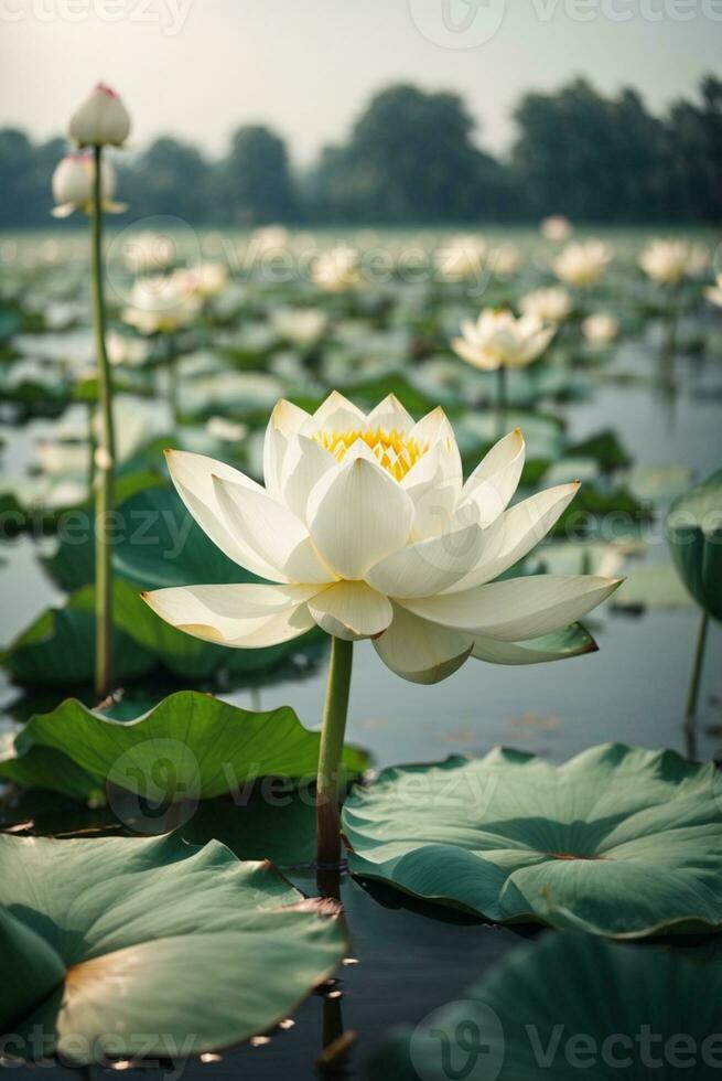 magnifique blanc lotus fleur épanouissement dans le étang avec lumière du soleil. ai génératif photo