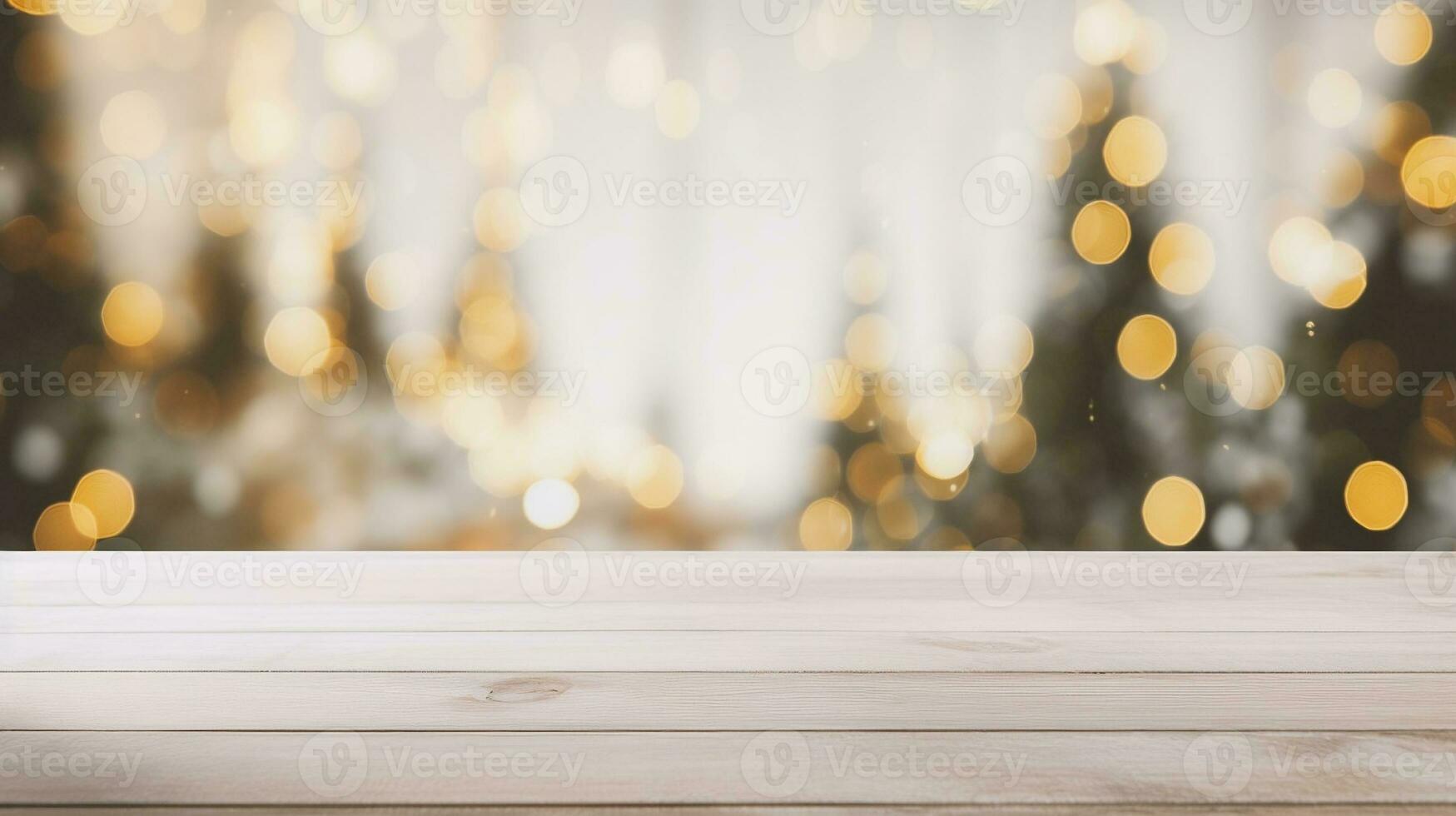 vide woooden table Haut chaud avec vivant pièce décor avec Noël arbre lumières. établi avec génératif ai photo