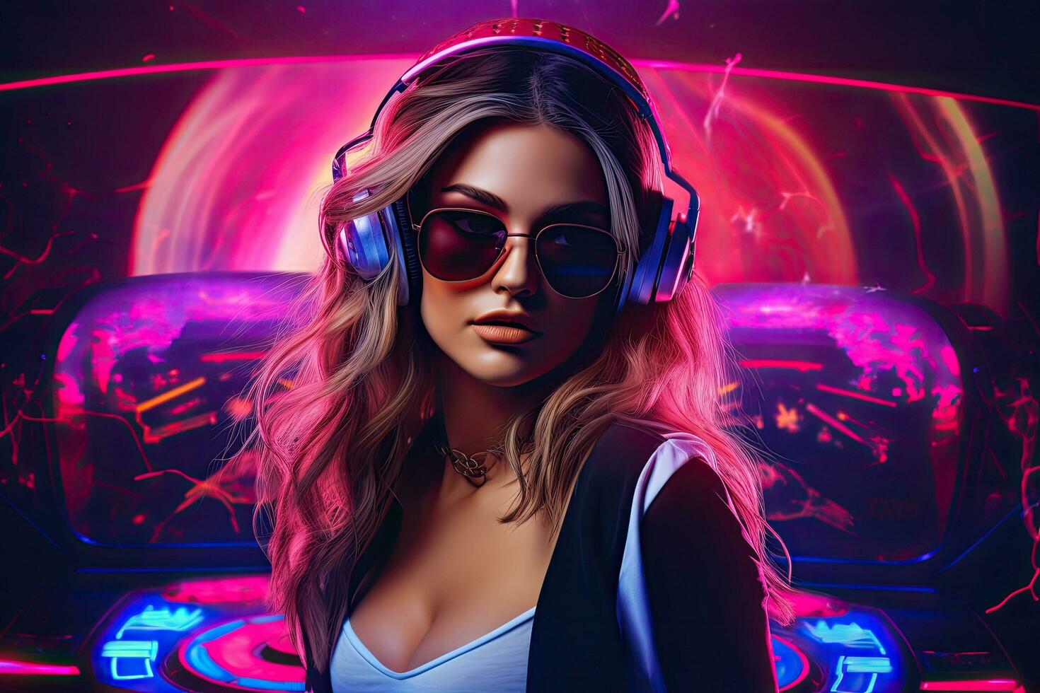 portrait de une magnifique Jeune femme dans écouteurs. cyberpunk style, chaud fille dj dans néon lumières. affiche de sexy tdj à le nuit club faire la fête, ai généré photo