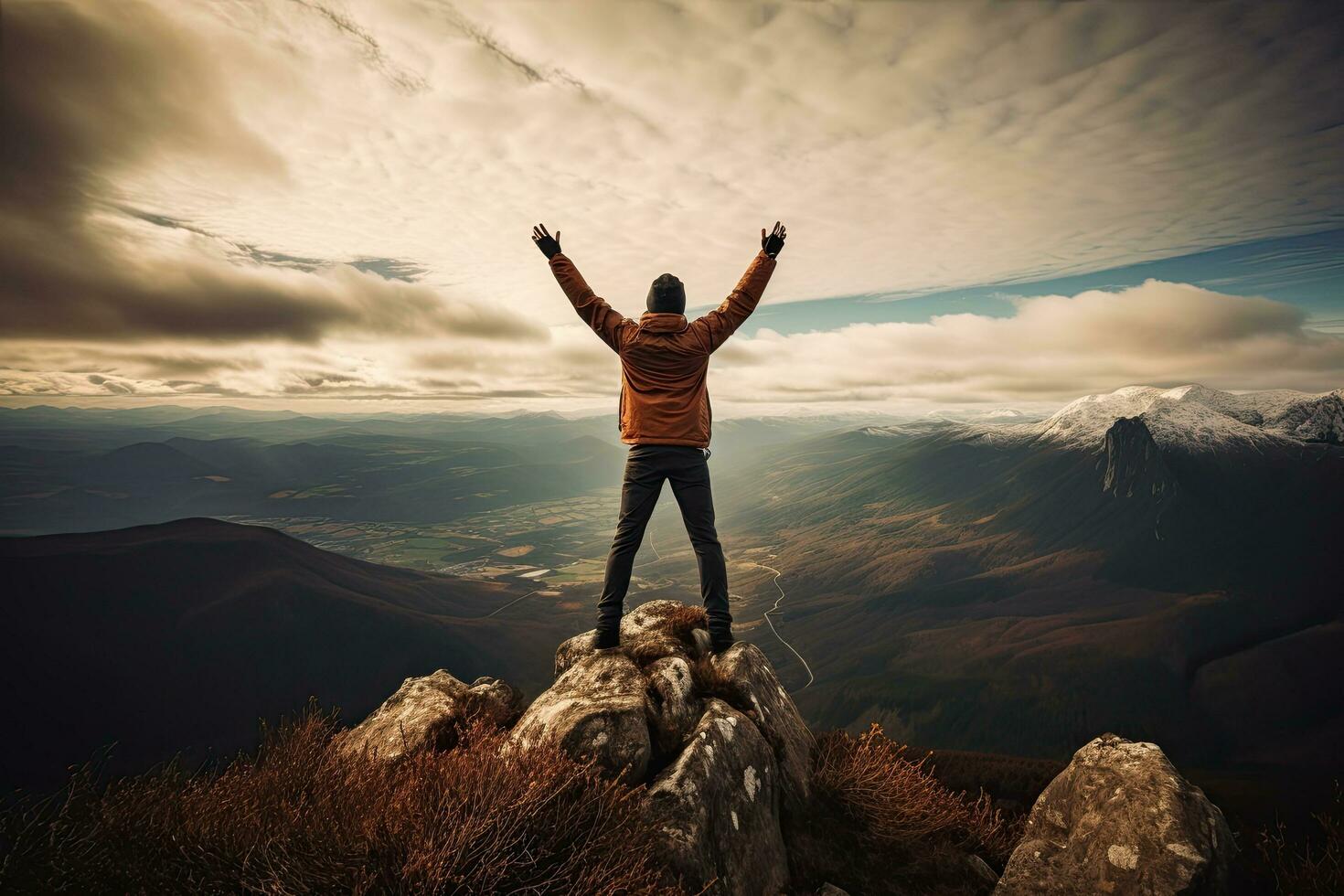 homme sur Haut de le Montagne élevé mains en haut. liberté et Succès concept, promeneur célébrer Succès sur le Haut de une montagne, plein arrière voir, haute mains plus de diriger, ai généré photo