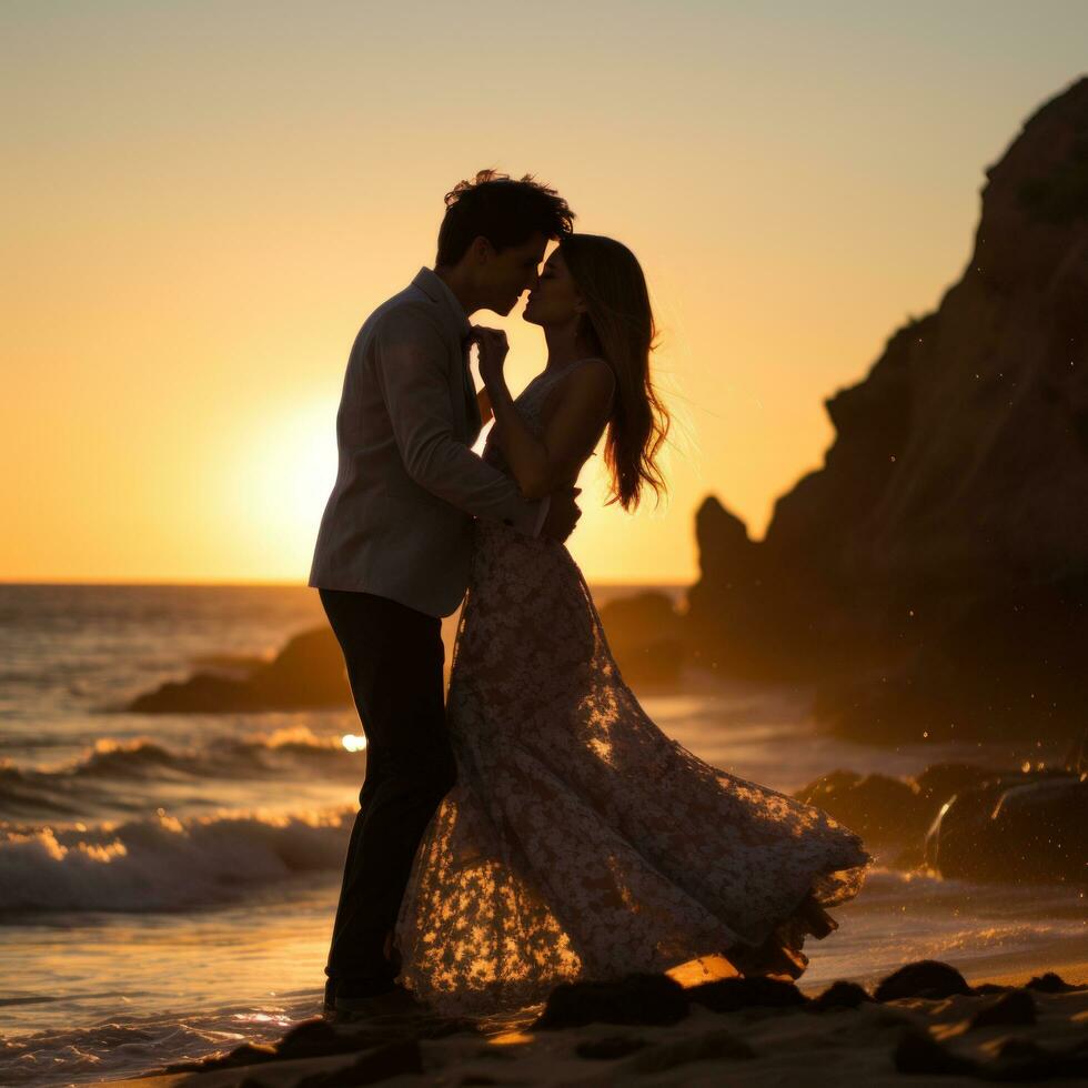 étourdissant le coucher du soleil photo de le couple partage une passionné baiser