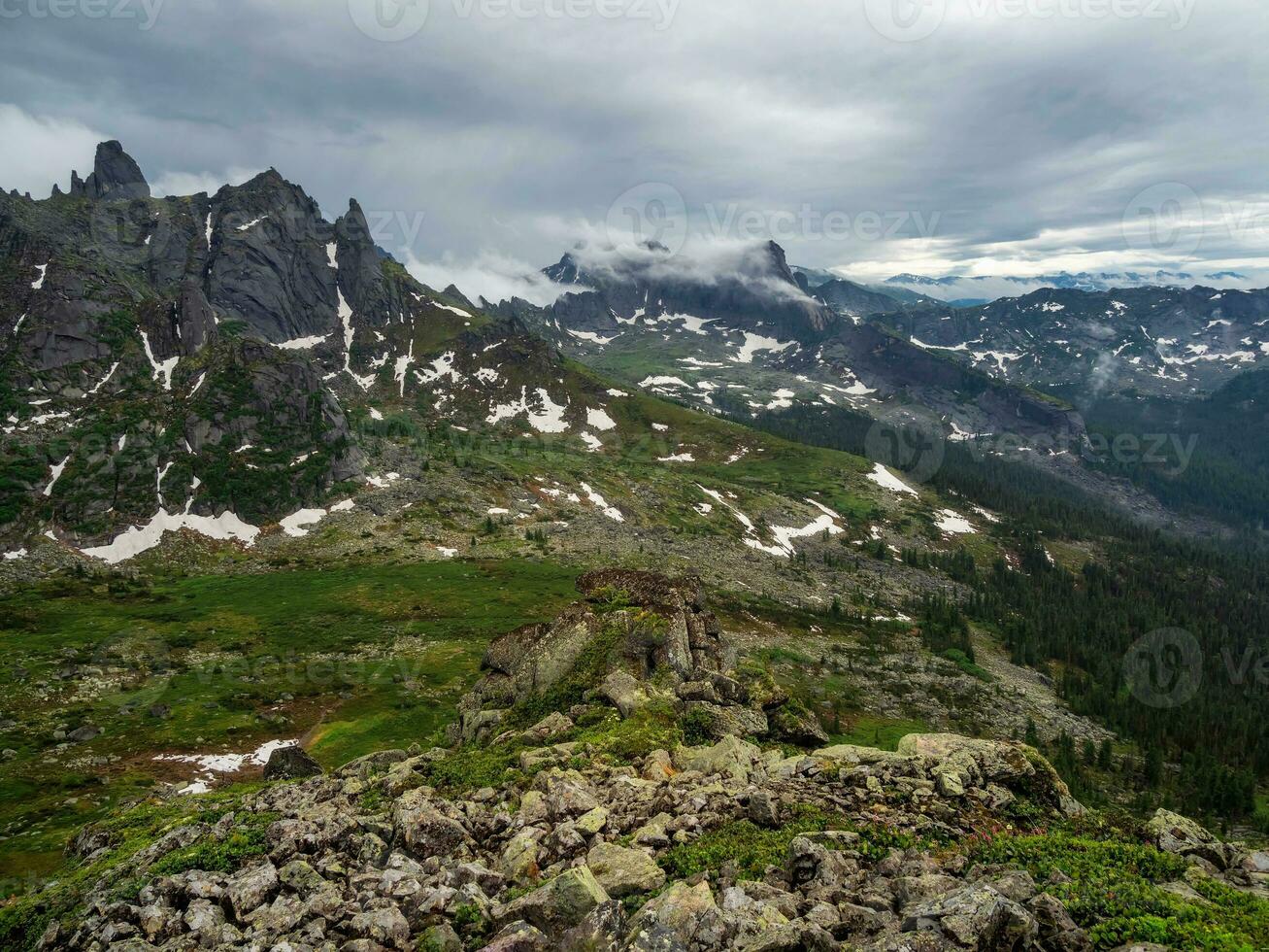 atmosphérique forêt paysage avec conifère des arbres sur pierreux colline dans faible des nuages dans pluvieux temps. foncé forêt en dessous de gris nuageux ciel. mystérieux paysage avec conifère forêt dans Ouest sayans. photo