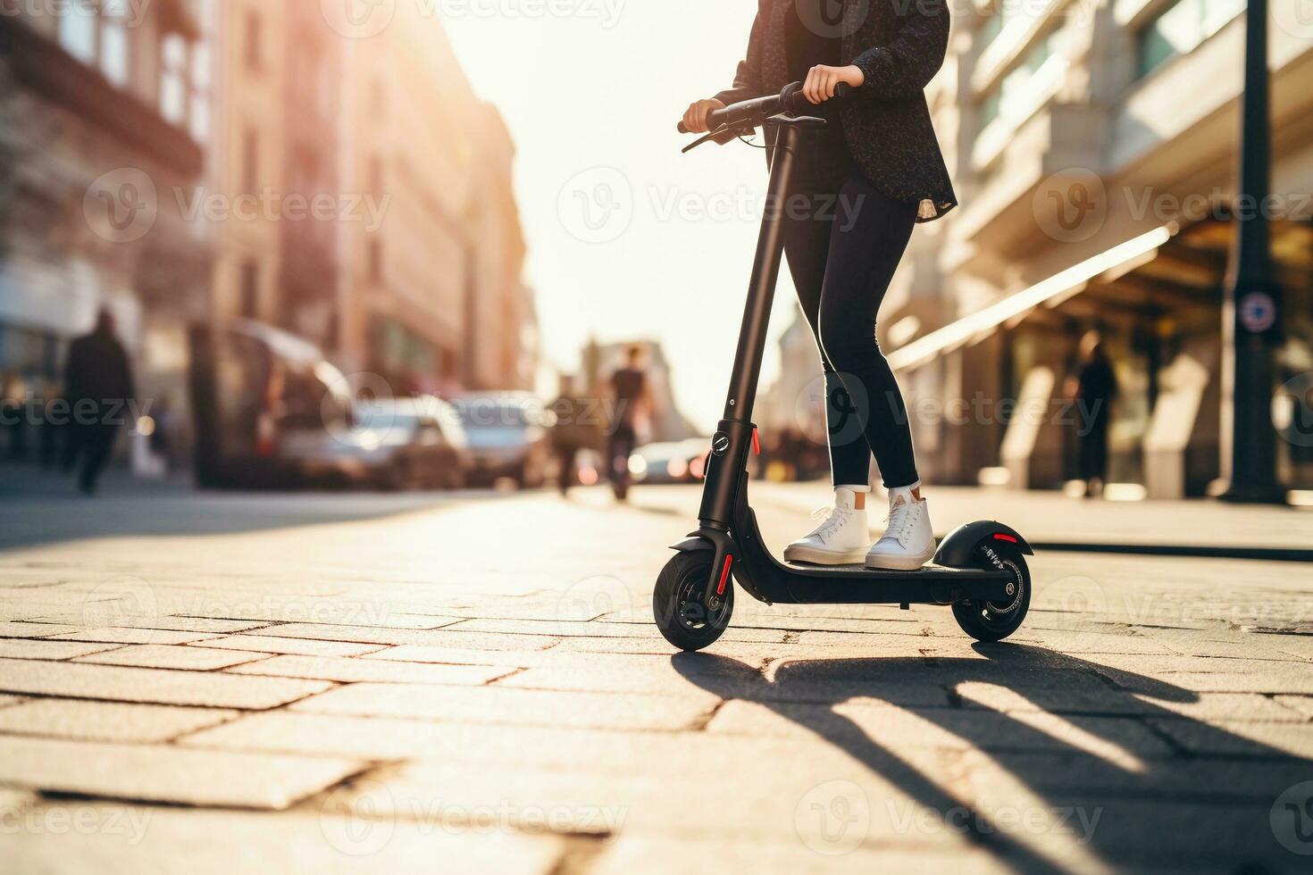 Jeune femme équitation électrique scooter sur ville rue. proche en haut voir. éco transport concept. ai généré. photo