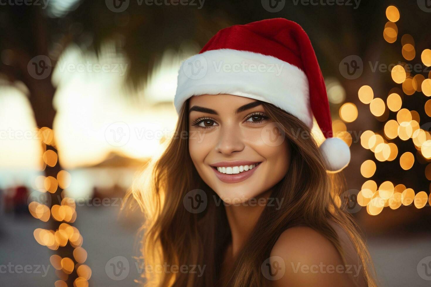 content Jeune femme dans Père Noël chapeau sur tropical plage en dessous de paume des arbres. Noël, Nouveau année fête dans le tropiques. ai généré. photo