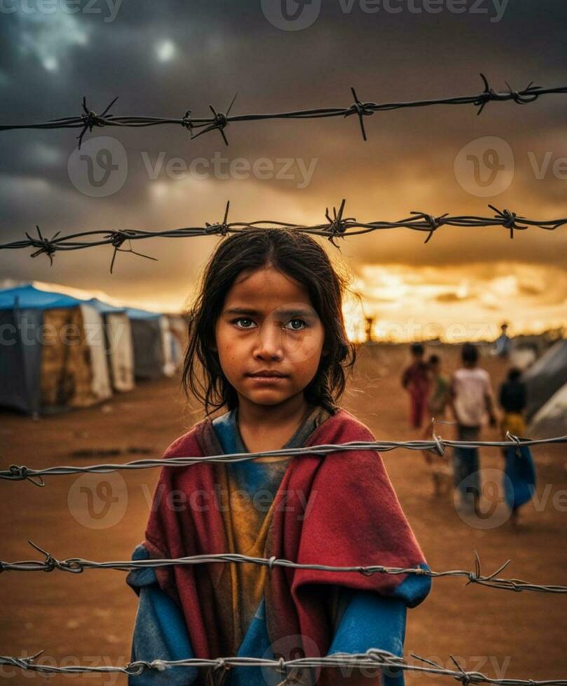 ai généré sale visage Profond Regardez triste les enfants à réfugié camp, guerre, climat changement, et global politique concept photo