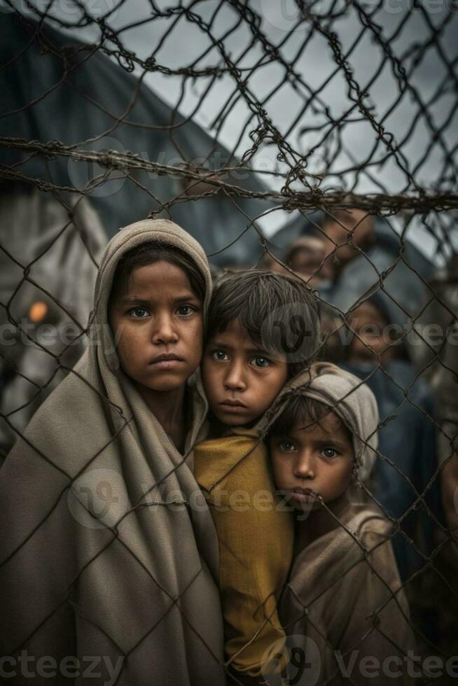 ai généré sale visage Profond Regardez triste les enfants à réfugié camp, guerre, climat changement, et global politique concept photo