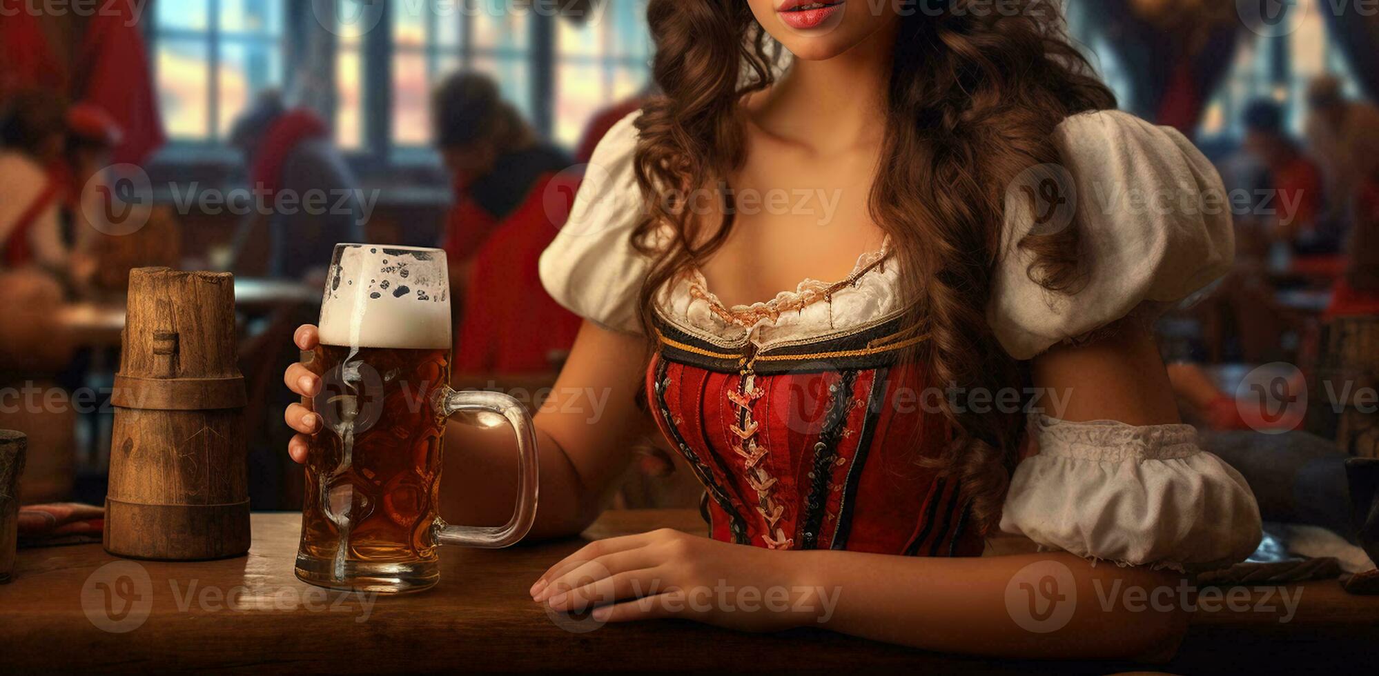 tradition se rencontre élégance, brunette femme détient Bière verre dans bavarois ville bar. génératif ai photo