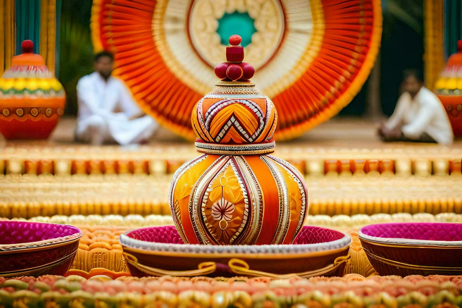 une coloré vase avec une homme séance dans le Contexte. généré par ai photo