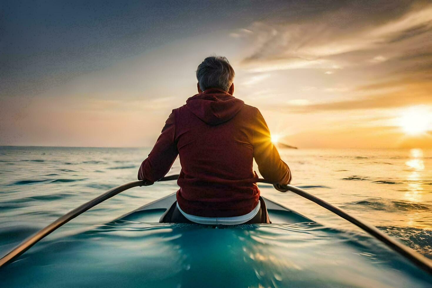 homme dans une rouge veste pagayer dans le océan à le coucher du soleil. généré par ai photo