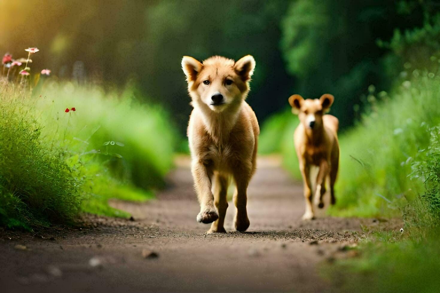 deux chiens en marchant vers le bas une chemin dans le herbe. généré par ai photo