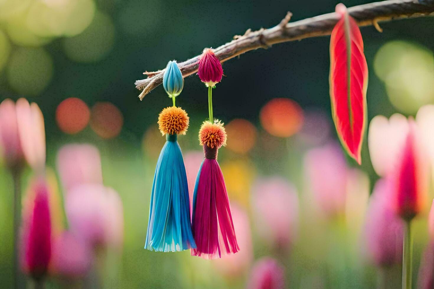 coloré pompons pendaison de une branche dans une champ. généré par ai photo