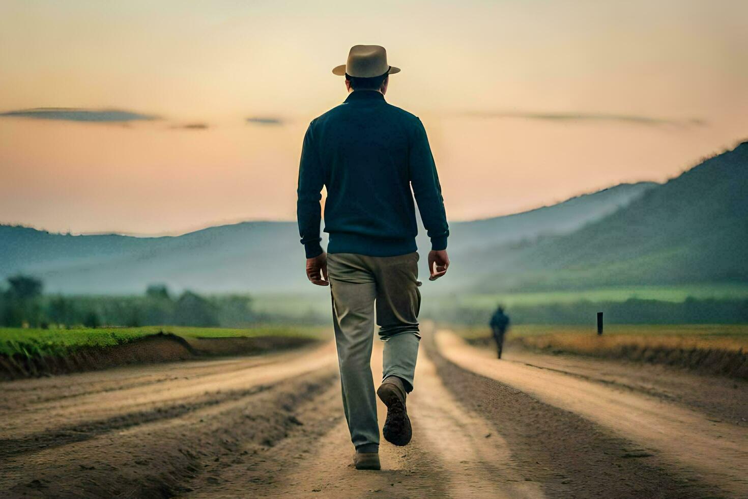 une homme en marchant vers le bas une saleté route avec une chapeau sur. généré par ai photo