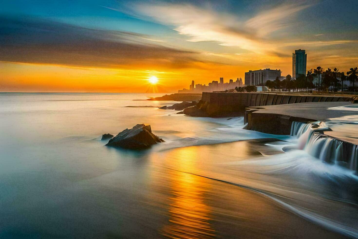 une le coucher du soleil plus de le océan avec une cascade et bâtiments. généré par ai photo