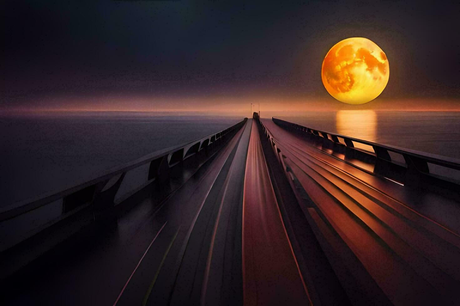 une longue pont avec une plein lune dans le ciel. généré par ai photo