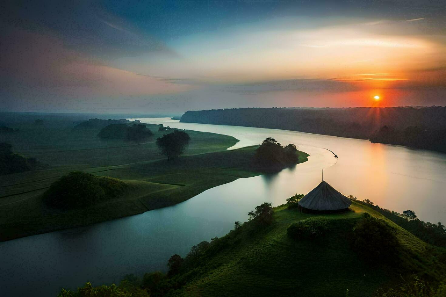 le Soleil monte plus de une rivière et une petit cabane. généré par ai photo