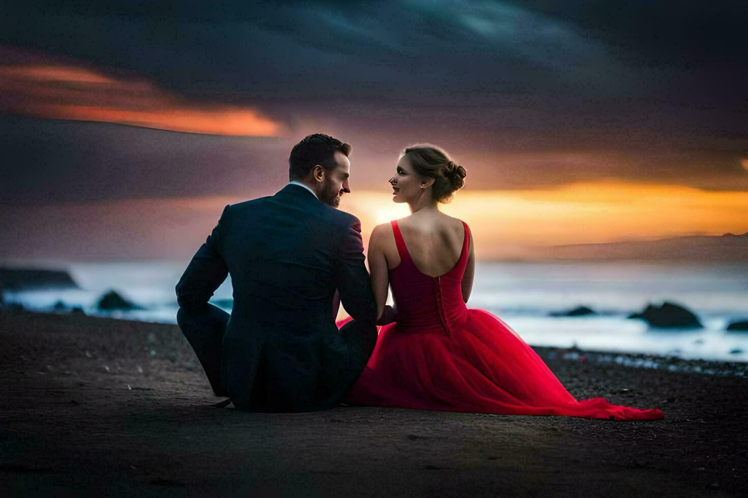 une couple dans rouge robe séance sur le plage à le coucher du soleil. généré par ai photo