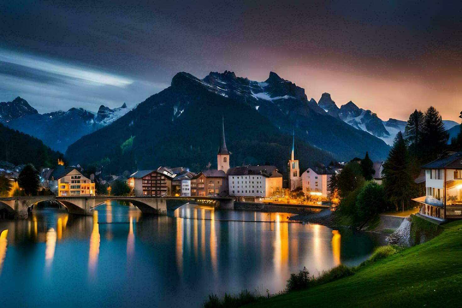 photo fond d'écran le ciel, montagnes, ville, rivière, pont, lac, Suisse, euro. généré par ai
