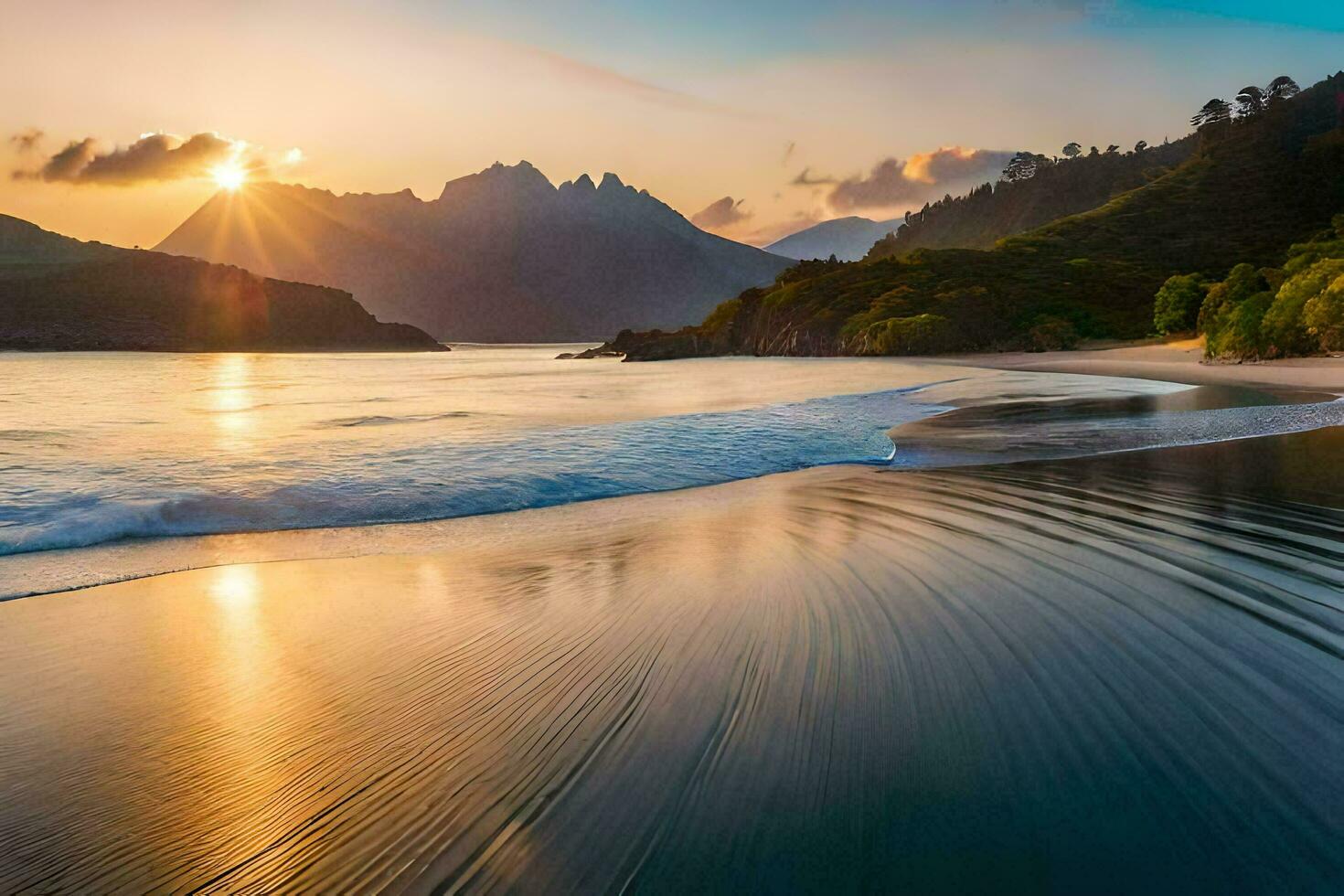 le Soleil ensembles plus de une plage et montagnes. généré par ai photo