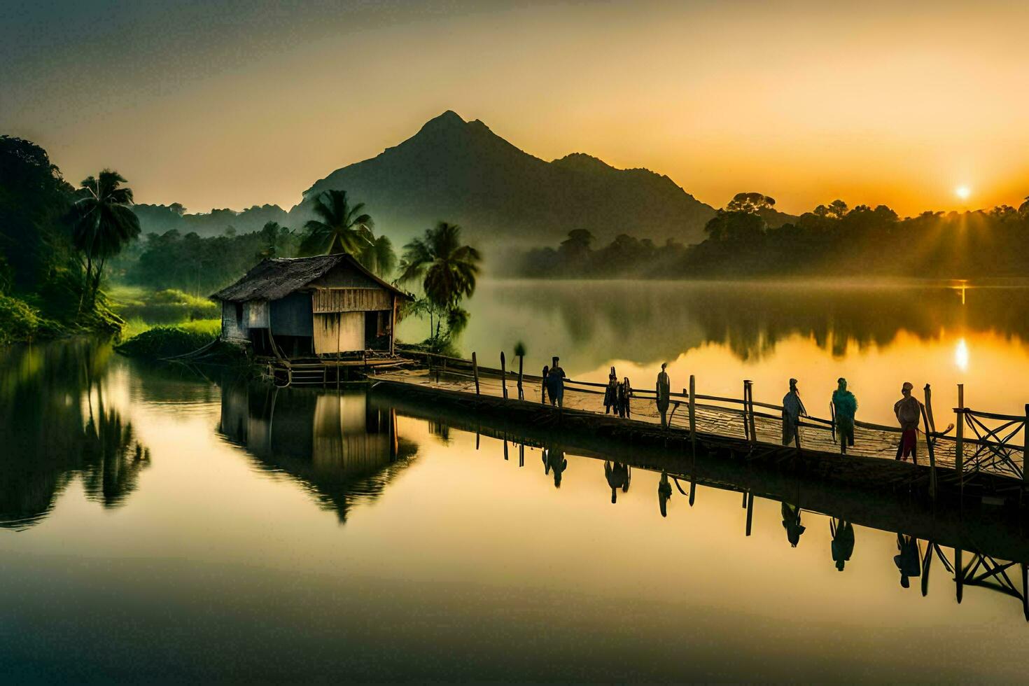 gens marcher sur une Dock à lever du soleil dans une lac. généré par ai photo