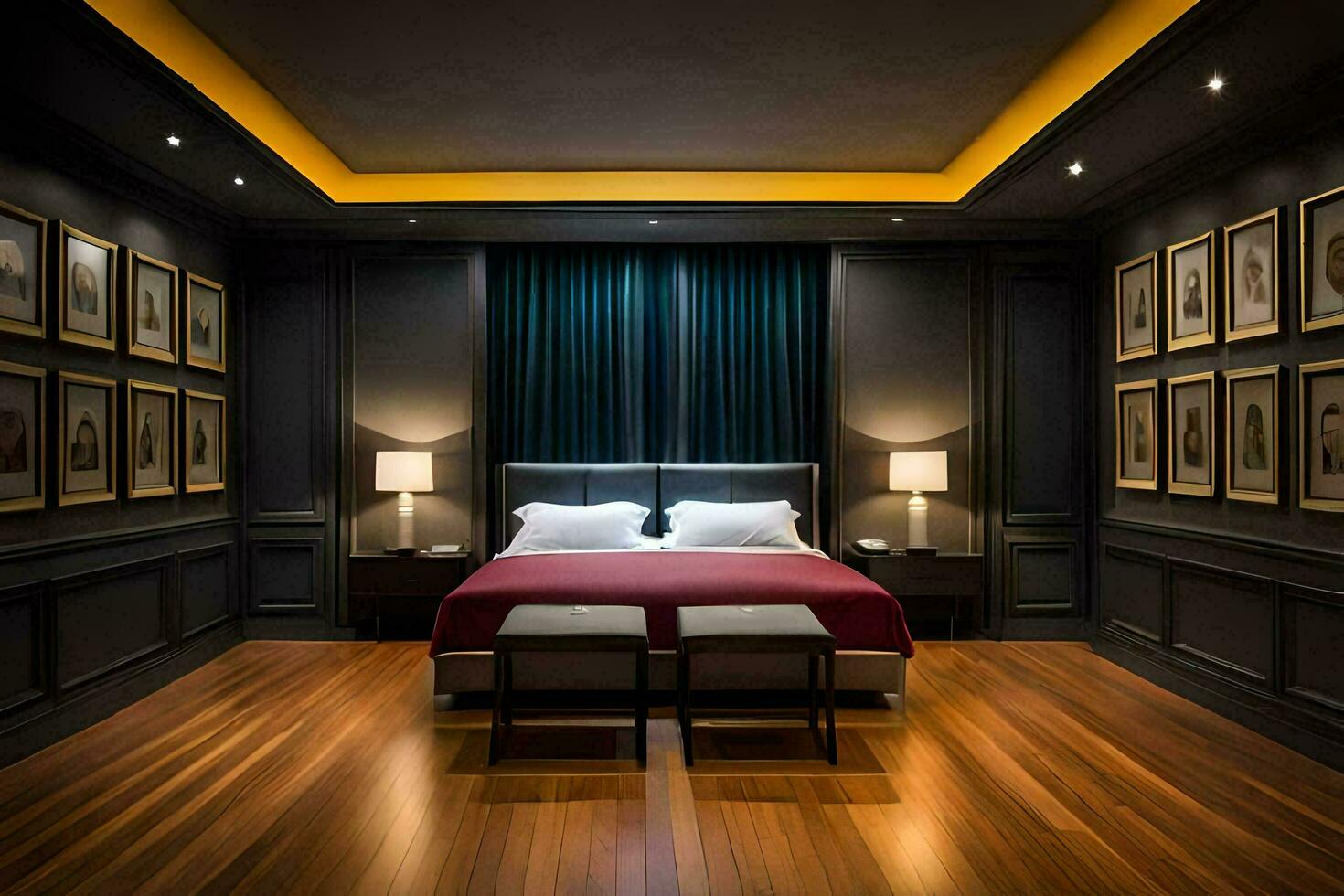 une chambre avec foncé bois planchers et une lit. généré par ai photo