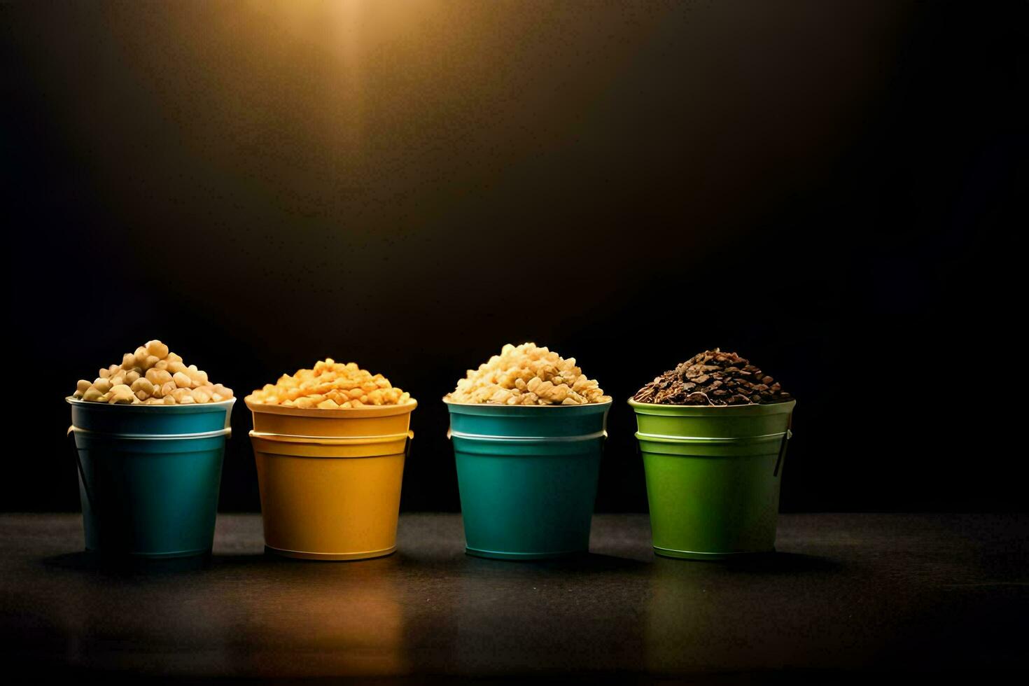 quatre coloré tasses avec différent les types de aliments. généré par ai photo