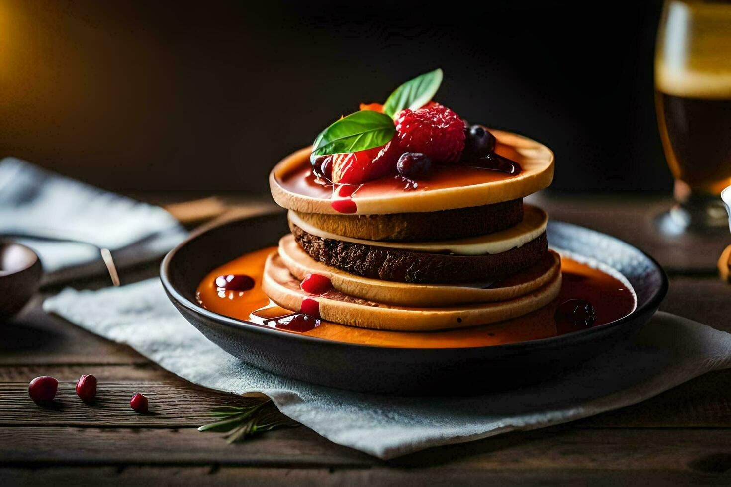 Crêpes empilés sur Haut de chaque autre avec baies et sirop. généré par ai photo