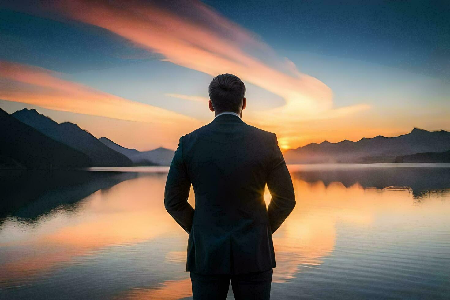 une homme dans une costume des stands dans de face de une Lac à le coucher du soleil. généré par ai photo