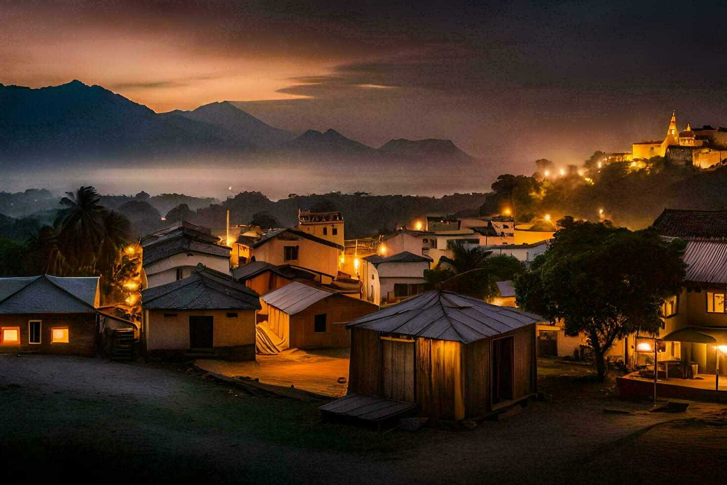 une village à nuit avec lumières sur le bâtiments. généré par ai photo