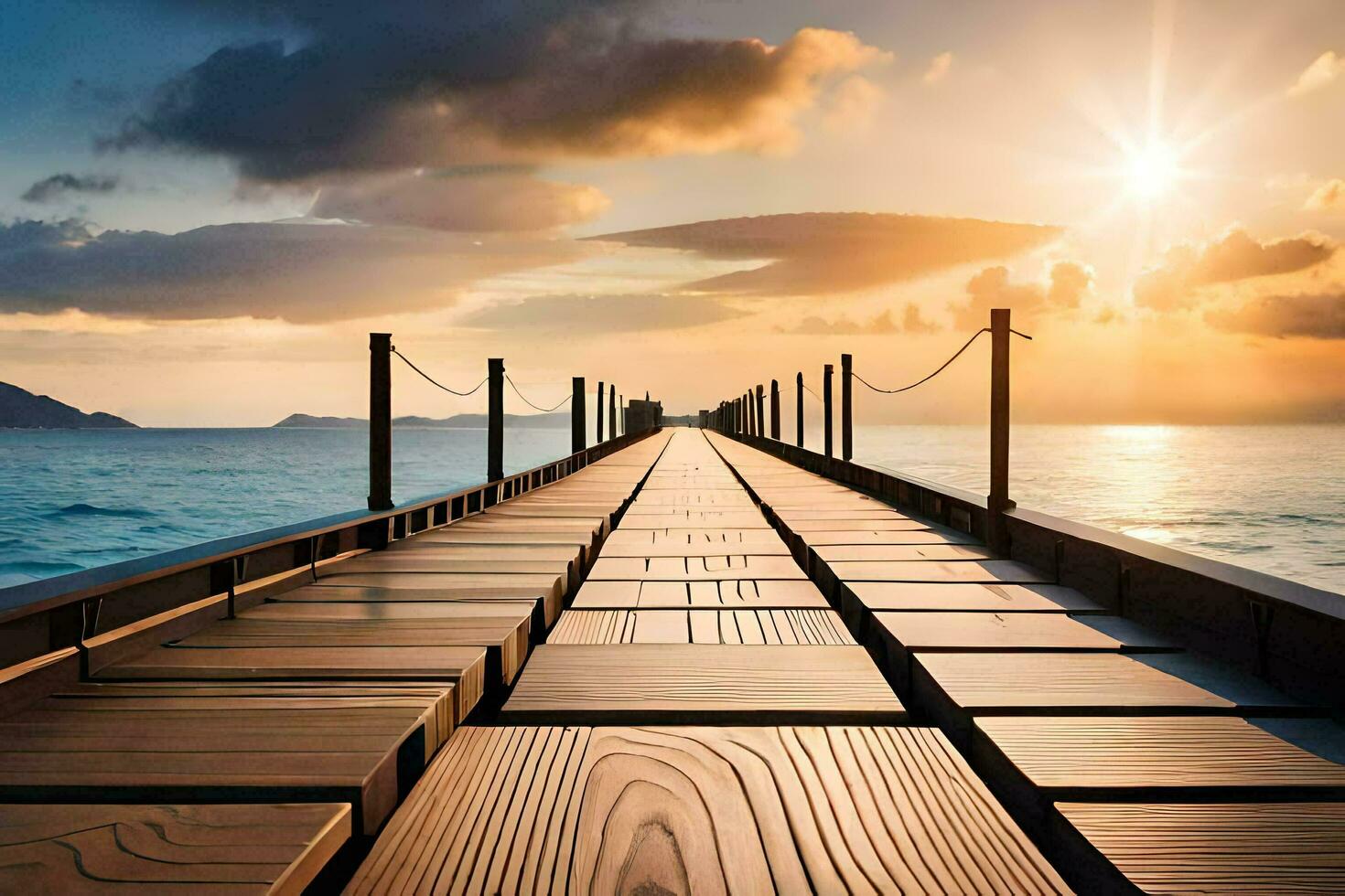 une en bois jetée pistes à le océan à le coucher du soleil. généré par ai photo