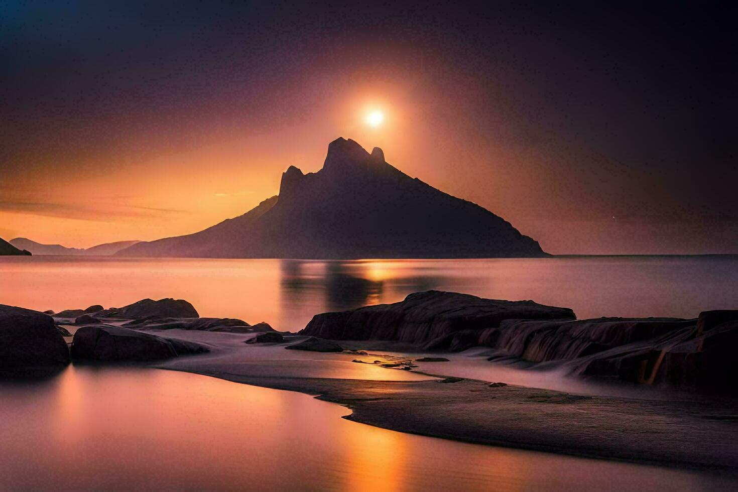 le Soleil ensembles plus de une Montagne et rochers dans le l'eau. généré par ai photo