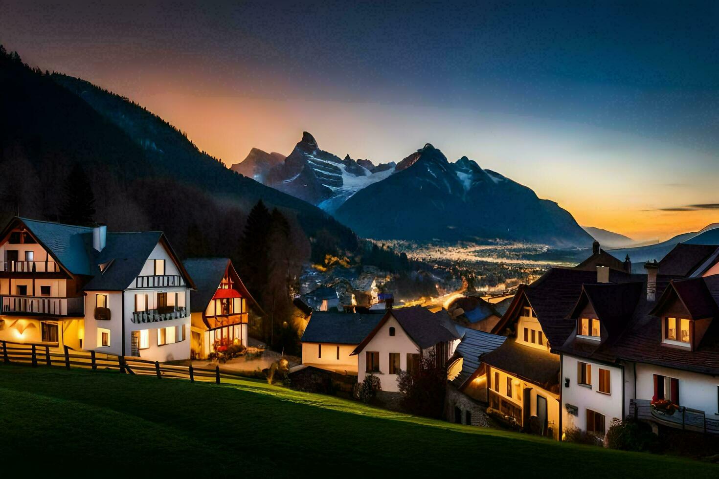 photo fond d'écran le ciel, montagnes, le nuit, le montagnes, le village, le montagnes,. généré par ai