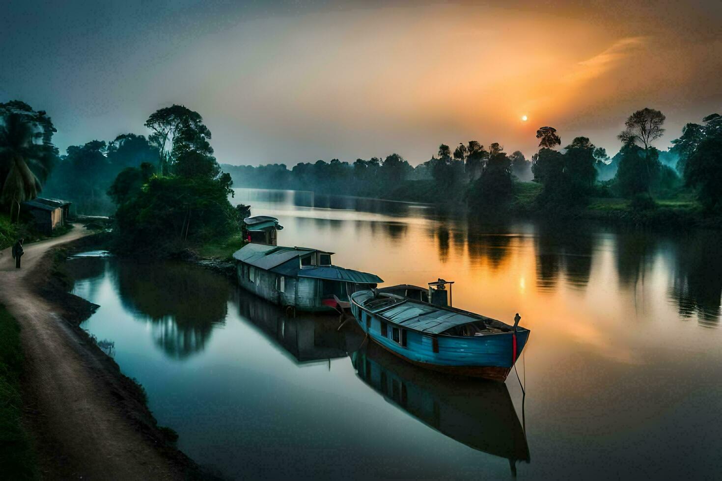 bateaux sur le rivière à lever du soleil. généré par ai photo