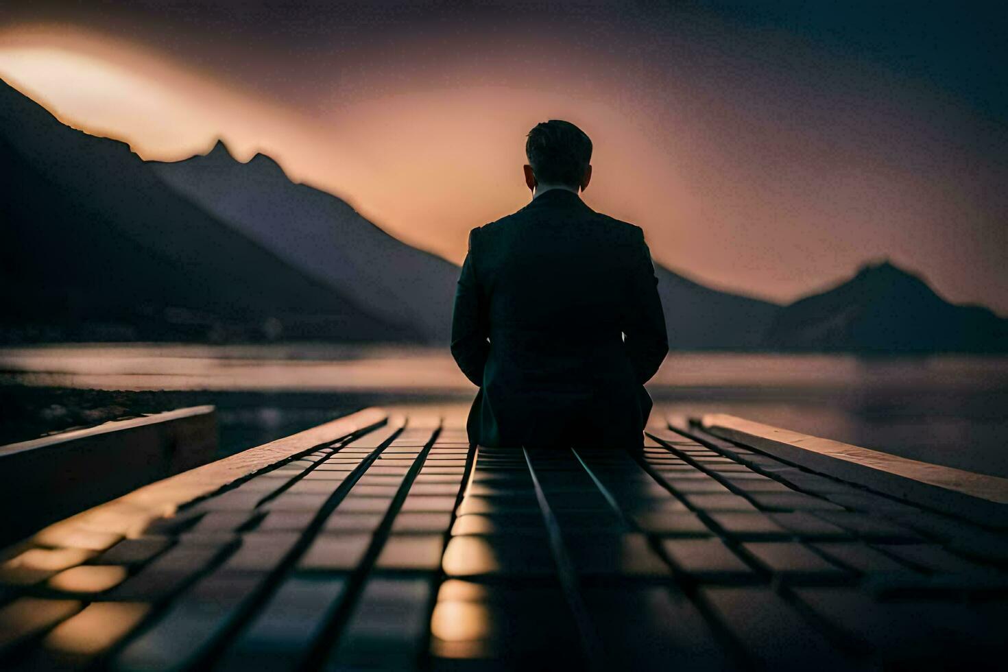 une homme dans une costume est assis sur une Dock à la recherche en dehors à le l'eau. généré par ai photo