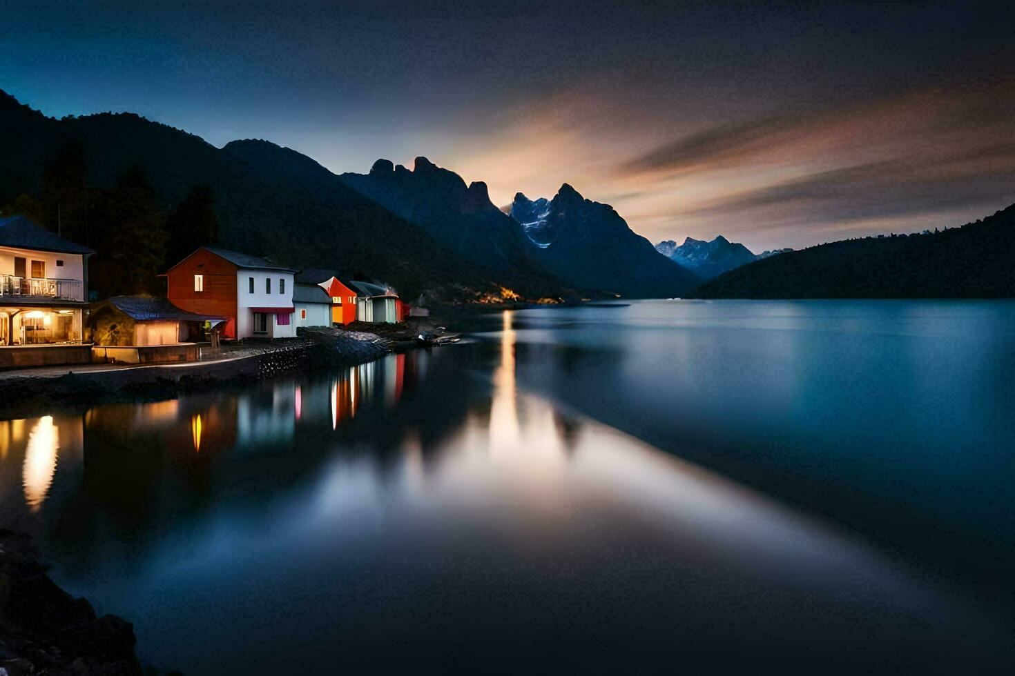 une magnifique le coucher du soleil plus de une Lac et Maisons. généré par ai photo