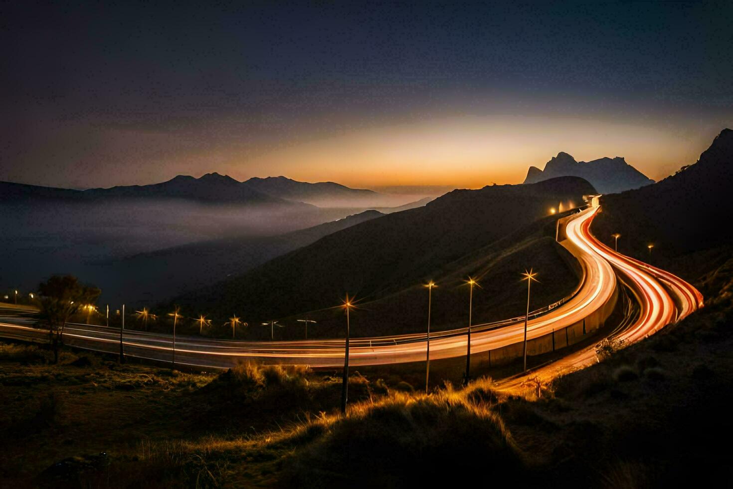 une longue exposition photo de une route à le coucher du soleil. généré par ai