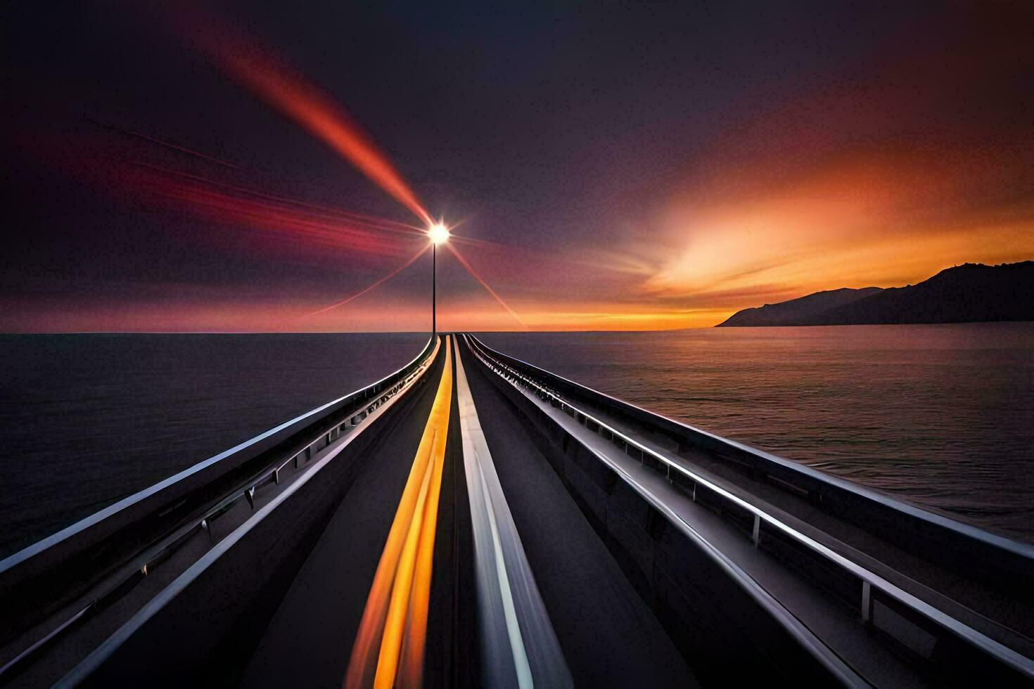 une longue exposition photo de une pont avec une lumière à le fin. généré par ai