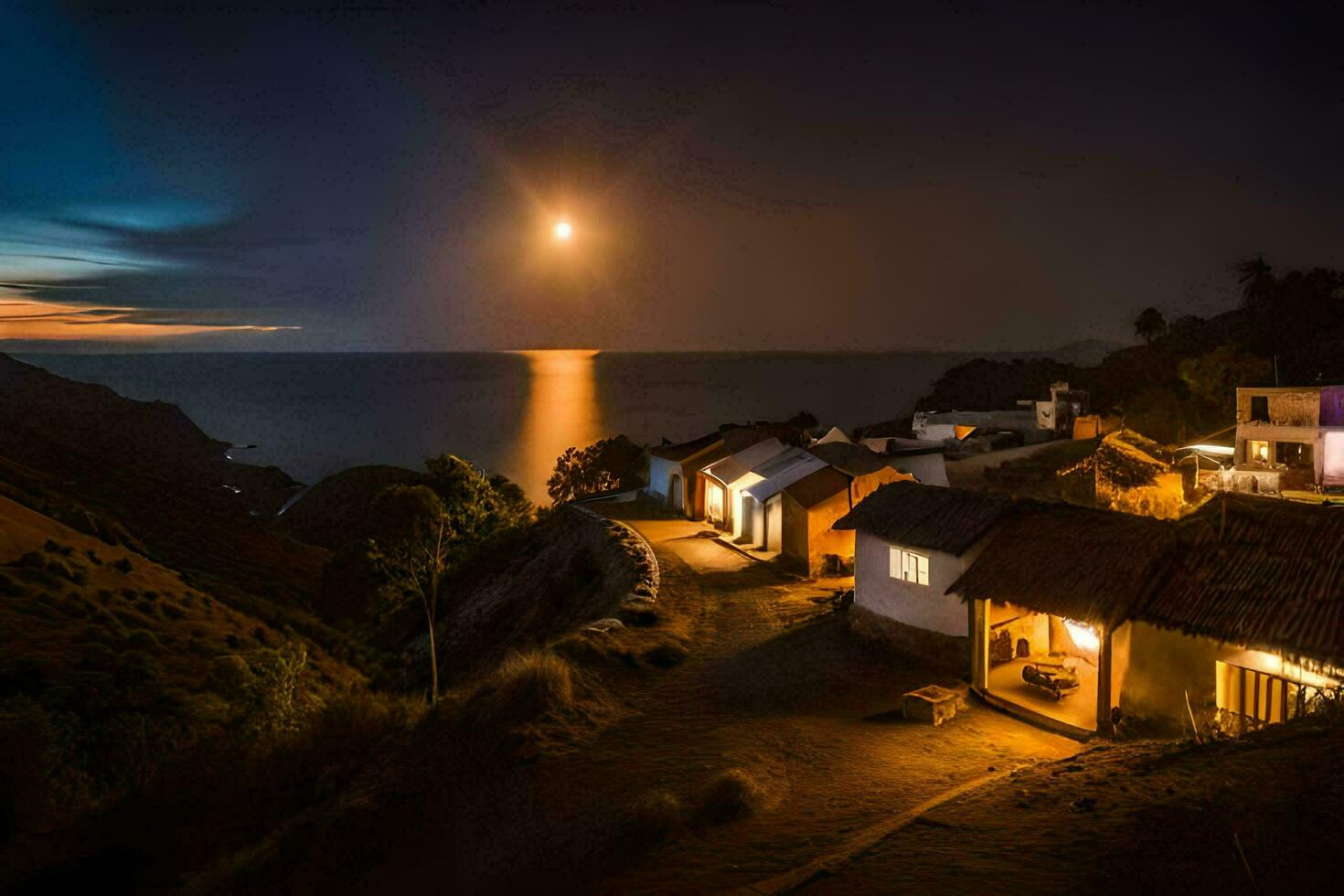 le lune brille vivement plus de une village à nuit. généré par ai photo