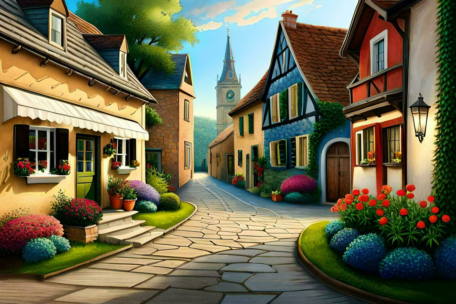 un illustration de une rue dans une petit ville. généré par ai photo