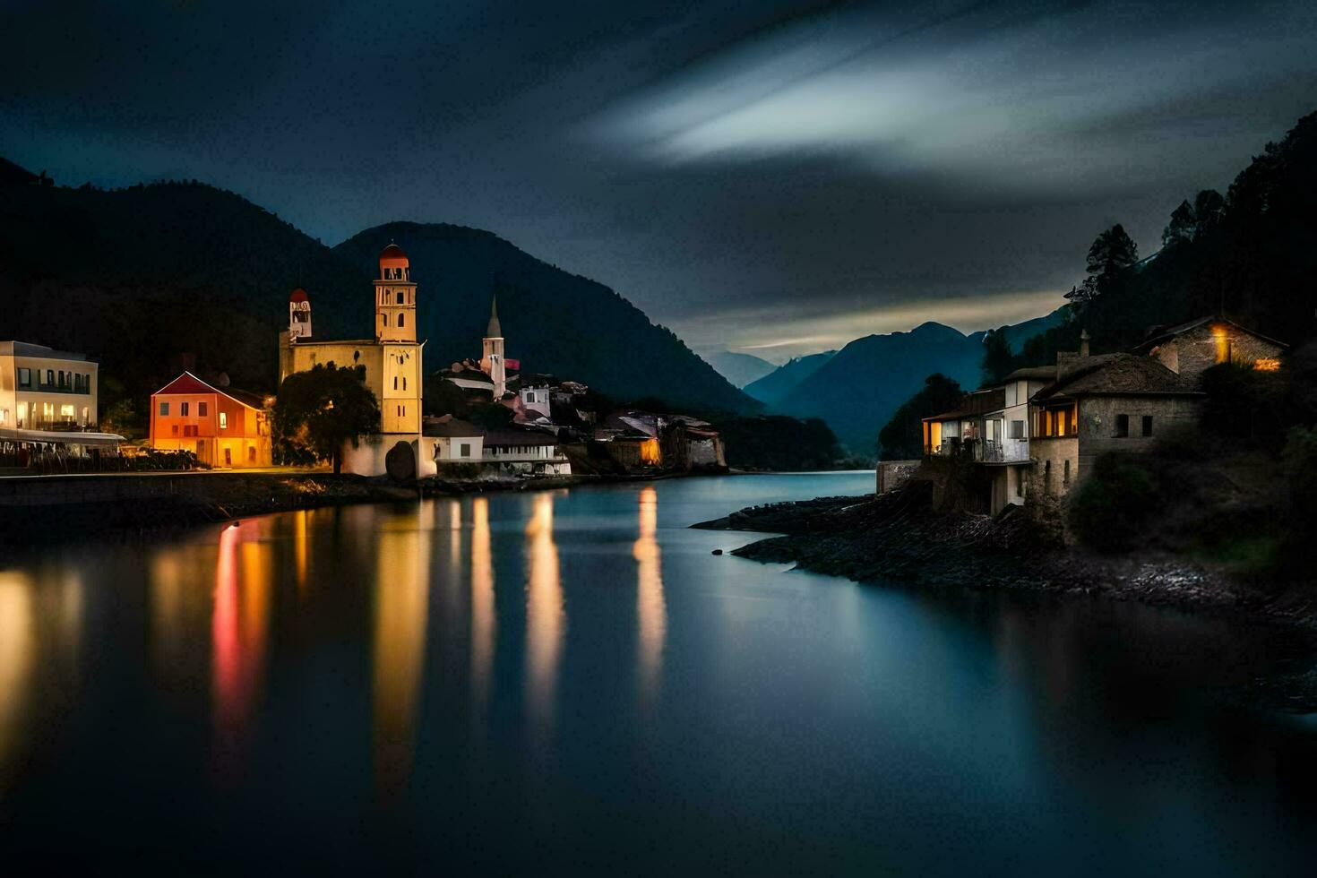 une rivière et une ville à nuit. généré par ai photo