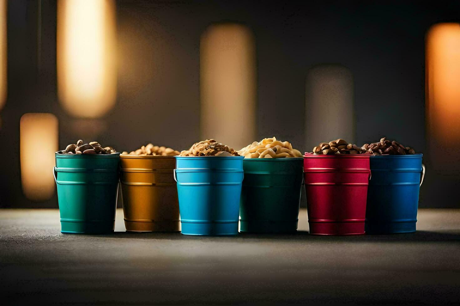 cinq coloré seaux de pop corn sur une tableau. généré par ai photo