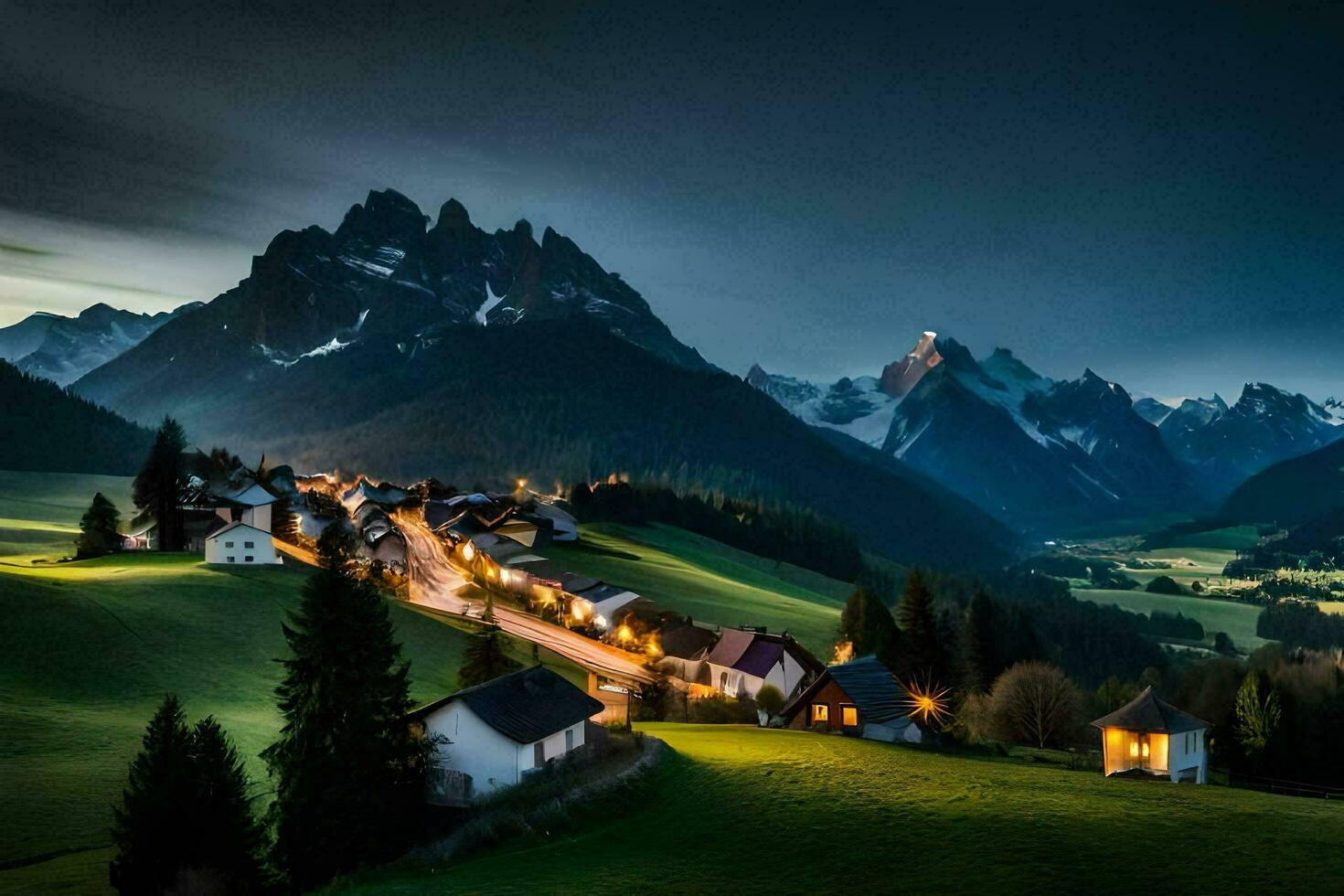 une village dans le montagnes à nuit. généré par ai photo