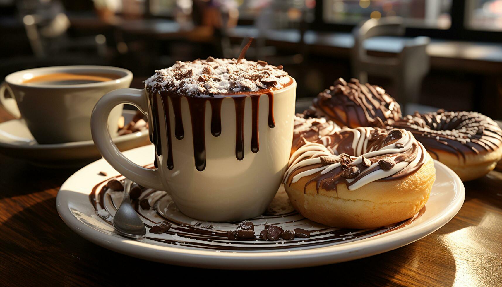 fraîchement cuit Donut sur en bois tableau, crémeux cappuccino avec Chocolat généré par ai photo